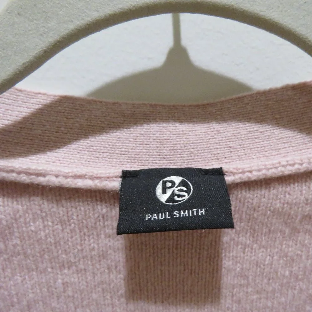 PAUL SMITH 100% Wool V Neck Sweater With Pockets in Light Pink Preppy Mod